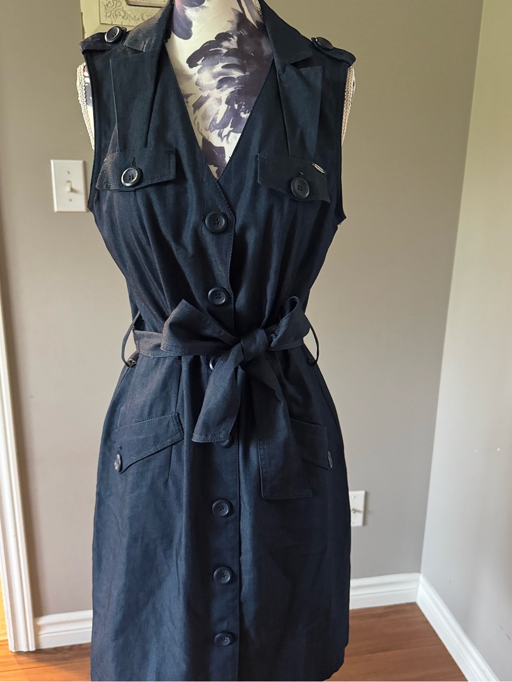 Y2K Point Zero Sleeveless Navy Button-Front Tie-Waist Mini Dress